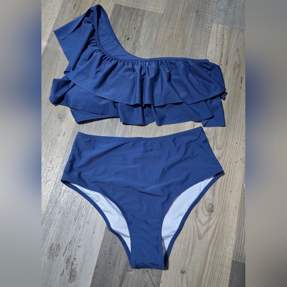 VIMPUNEC Ruffle One Shoulder Swimsuits for Women Striped High Waisted Two Piece - Picture 3 of 5